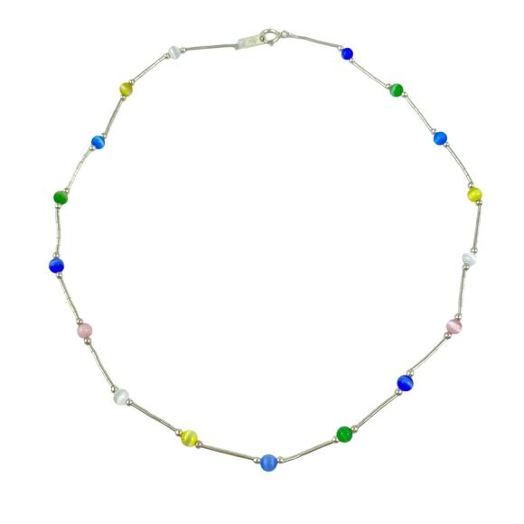 Multicolor Cat's Eye Beaded Necklace | New Sterling Silver 925 | 15.75" - Picture 2 of 5